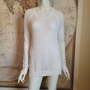White + Warren white crochet sweater crew neck braid side detail long sleeve M